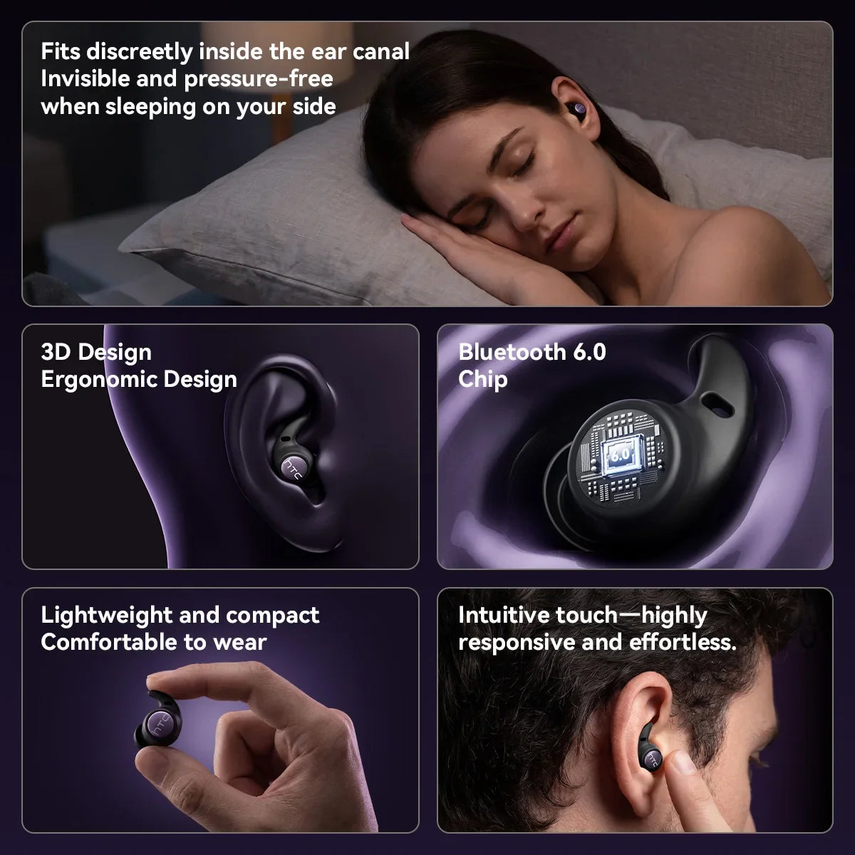 HTC NE76 Bluetooth Earbuds Mini Sleeping Earbuds for Wireless Earphones AI Translator, Noise Reduction Long Battery Headphones