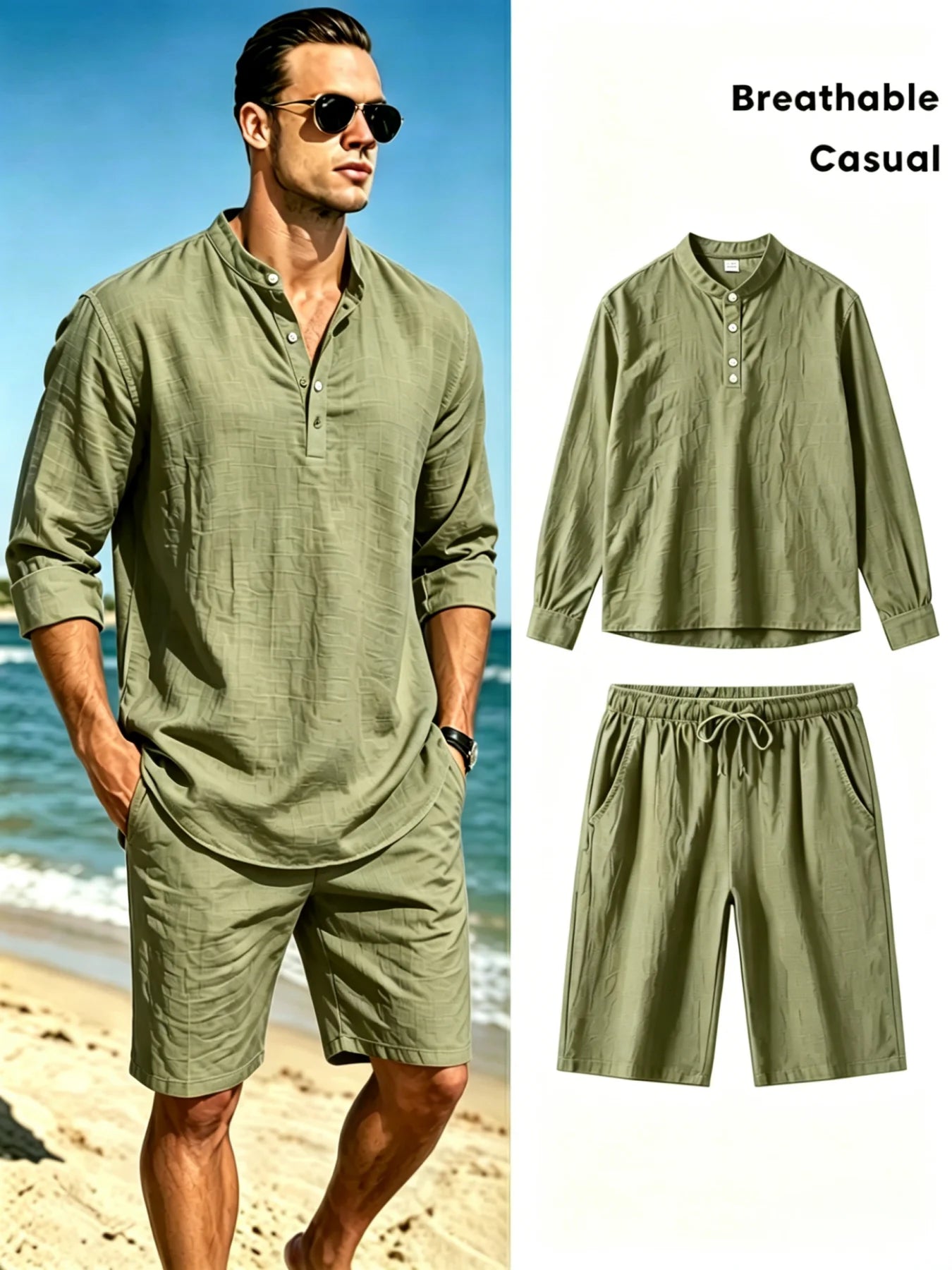 Men's Cotton Linen Henley Shirt and Shorts Set Breathable Casual Two Piece Outfit with Drawstring Shorts for Summer Beach