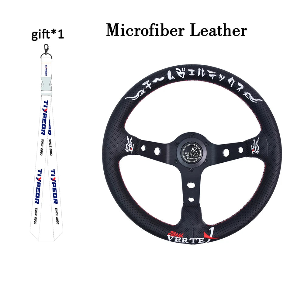VERTEX Universal Racing Steering Wheel Black Spoke Suede Embroidered Sports Steering Wheel With 6 Holes