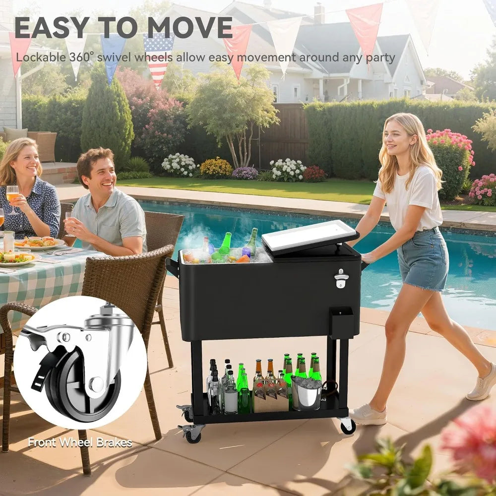 Portable Wheeled Patio Cooler Cart,Bottle Opener & Drainage,Outdoor Beverage Ice Chest, Custom