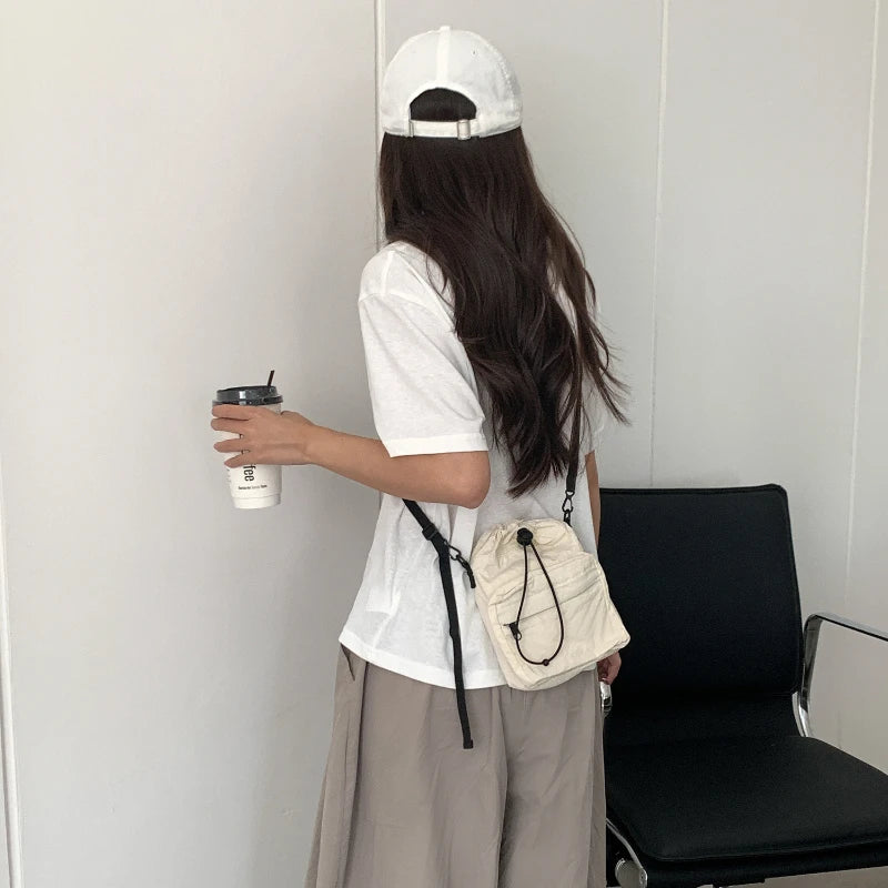 Women Fashion Summer Mini Drawstring Bag Ruched Shoulder Crossbody Small Bag Water Kettle Cup Phone Key Carry Bag