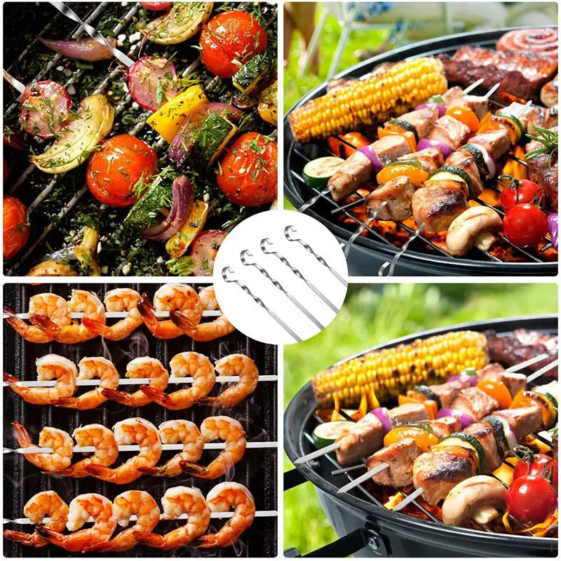BBQ Sticks Stainless Steel Barbecue Skewer BBQ Tools Utensil Reusable Grill Sticks Outdoor Camping Picnic Flat BBQ Fork 6-12Pcs