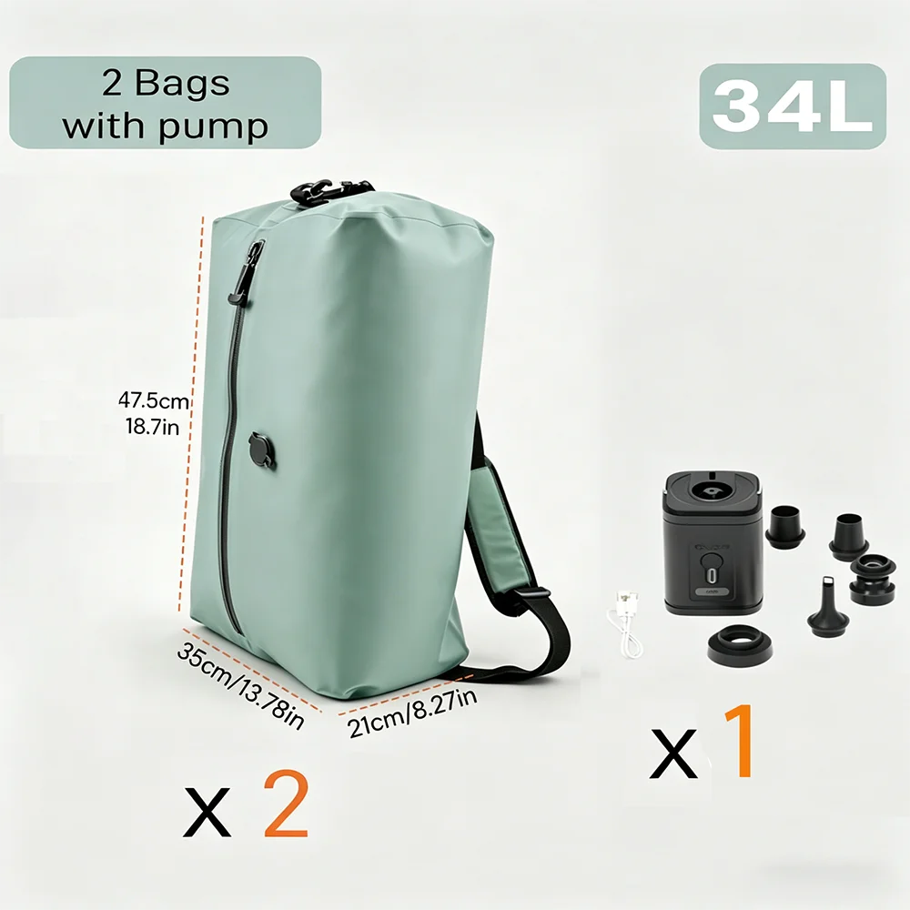 Travel Vacuum Compression Bags IP67 Waterproof PU Nylon Clothes Organizer USB Electric Pump 34L Space Saver Green Black