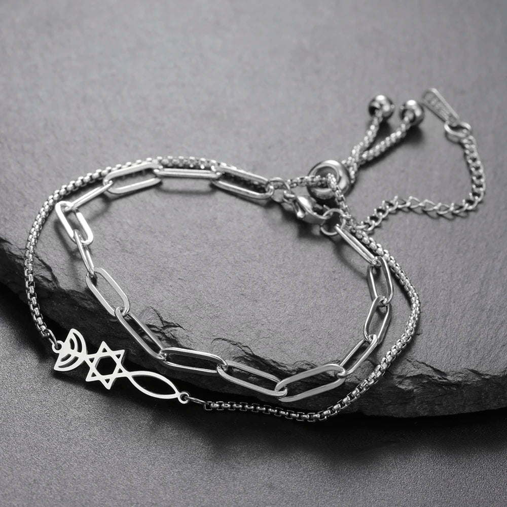 Dawapara Messianic Seal of Jerusalem Bracelet Jewish Star of David Menorah Religious Judaism Hanukkah Gifts Stainless Steel