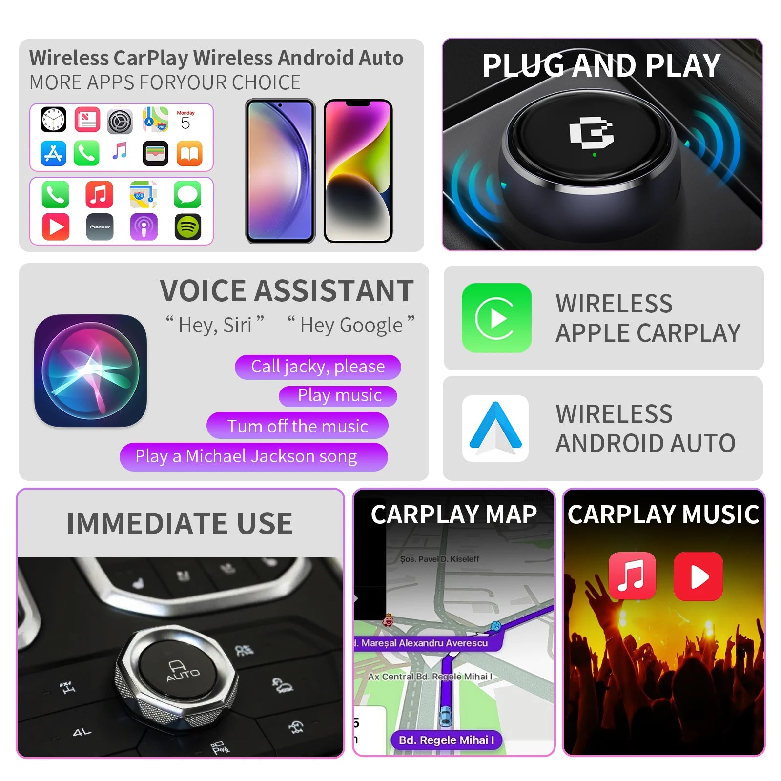 2025 BRUXE U2 MINI 2IN1 Wired to Wireless Android Auto CarPlay Adapter Plug and Play Support Phone Call Navigation Bluetooth
