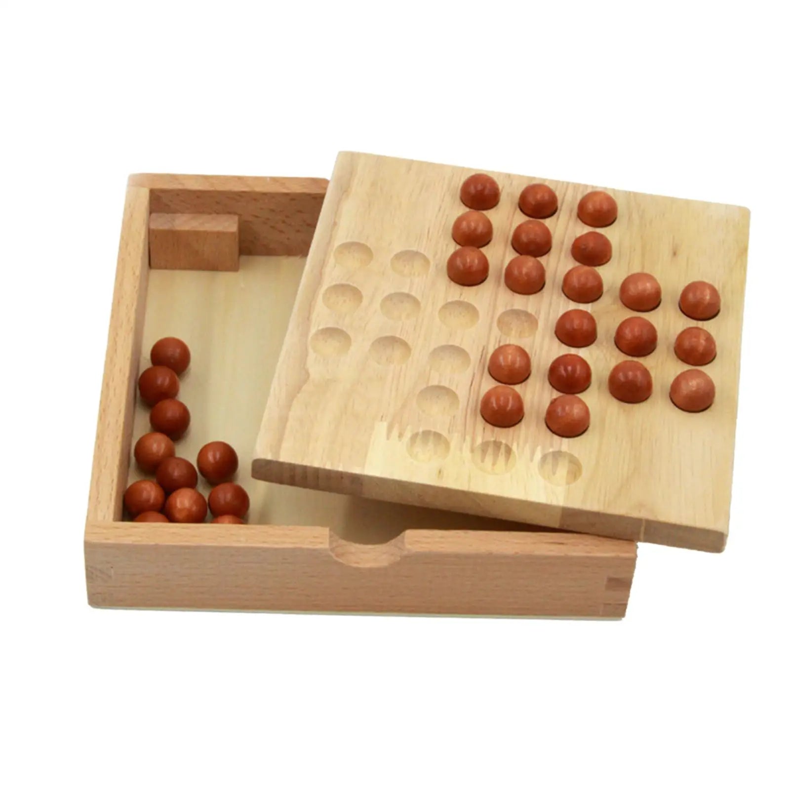Wood Peg Solitaire Board Game with 33 Glass Balls Pegs for Adults Kids