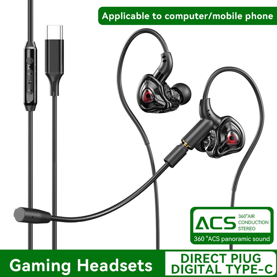 E-Sports Gaming Headset 7.1 Surround Sound Hifi Stereo Wired headphones 3.5mm/Type-C In-Ear dual Mic PUBG Gaming Earphone Earbud