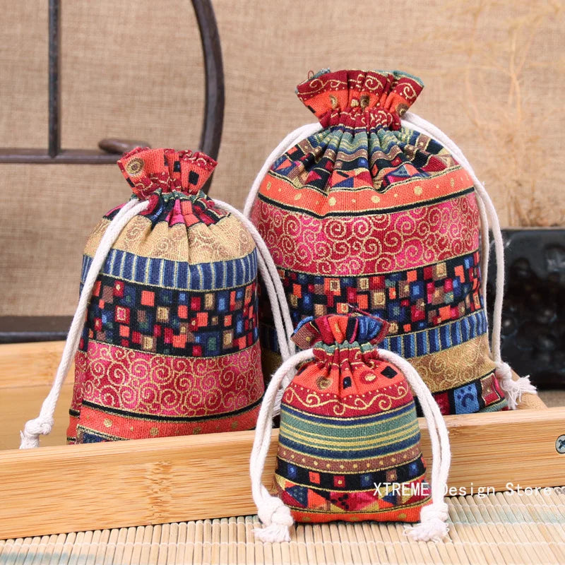 1PC Ethnic Style Cotton Linen Drawstring Pocket Bag Buddhist Beads Storage Bag Jewelry Coin Purse Bag Small Things Sorting Bags