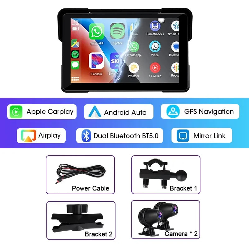 Jansite 5/7 inch Carplay Motorcycle DVR Navigation GPS Wireless CarPlay Android Auto IPX7 Display Screen Portable Moto Monitor