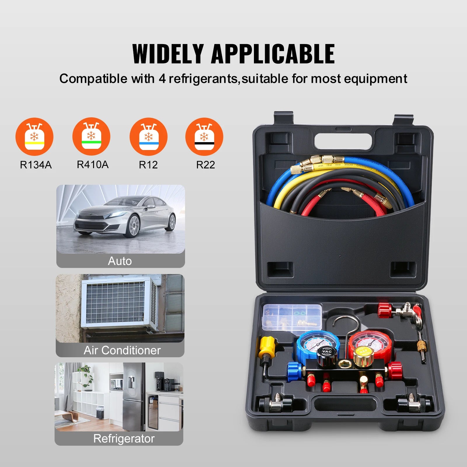 SucceBuy 4 Way AC Gauge-AC Manifold Gauge Set with 5ft Hoses for R134A/R22/R12/R410A Work on Car Freon Charging and Evacuation