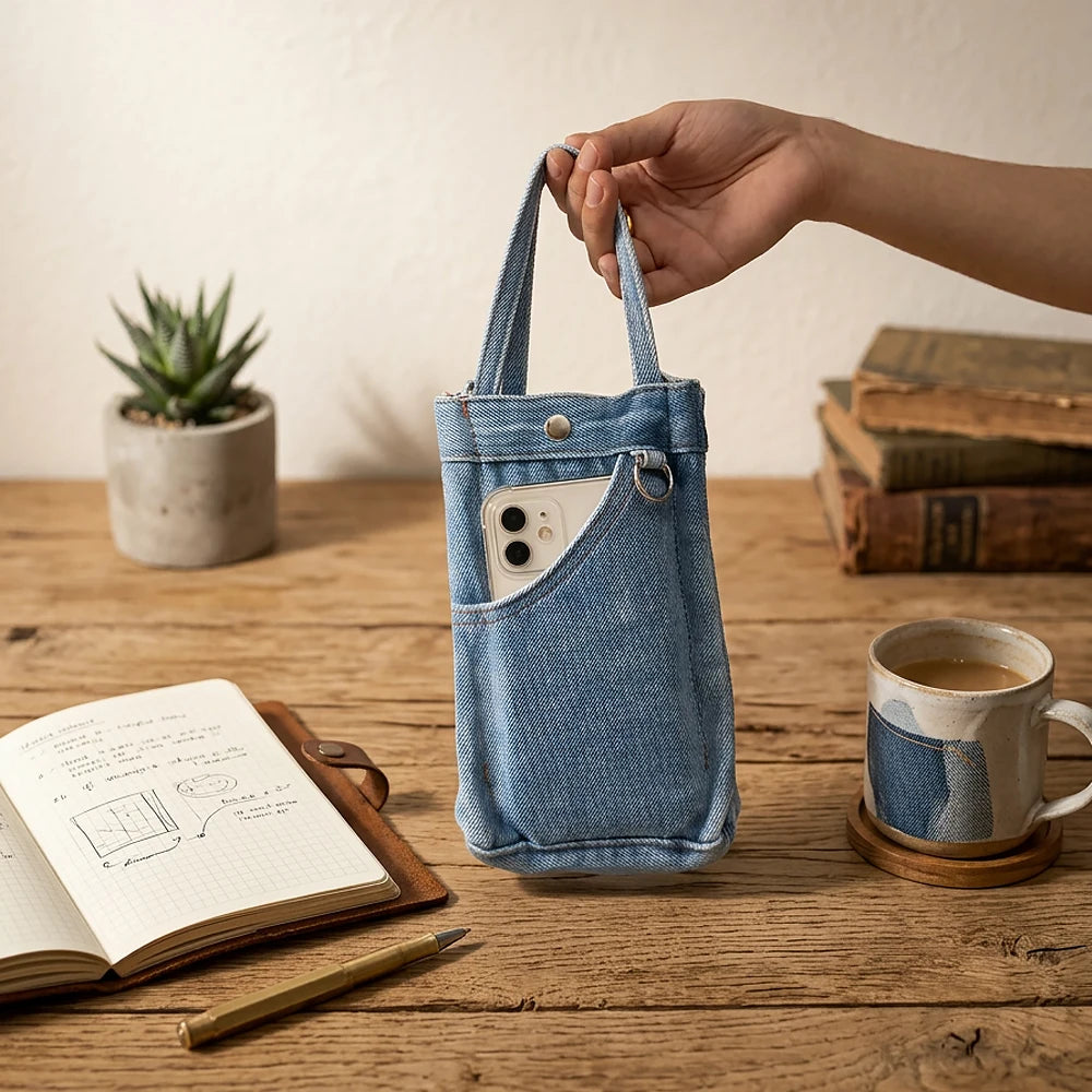 Stylish denim women’s bag: an elegant crossbody clutch, a minimalist phone and key pouch, a trendy denim purse, perfect for youn