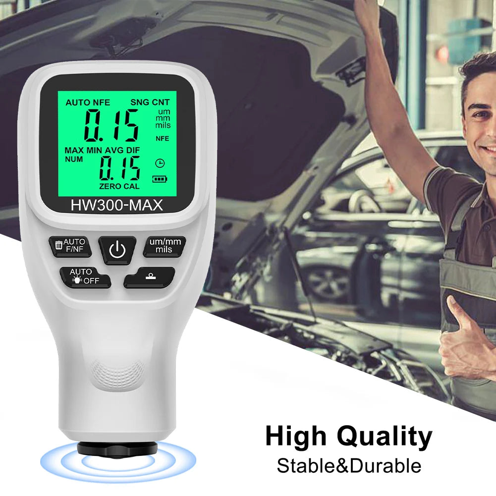 HW300-MAX Car Paint Film Automatic Thickness Gauge 0-2000UM Fe & NFe Auto Power Off Car Coating Thickness Tester Automotive Tool