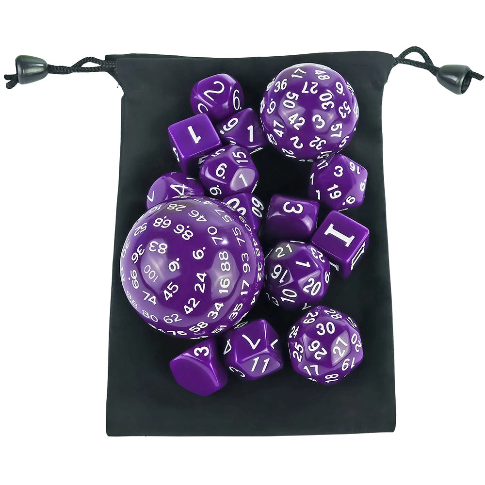 15 Pieces Acrylic Opaque Polyhedral Dice Set D3-D100 Game Dice with Velvet Dice Bag for DND Role Playing Table Games Party