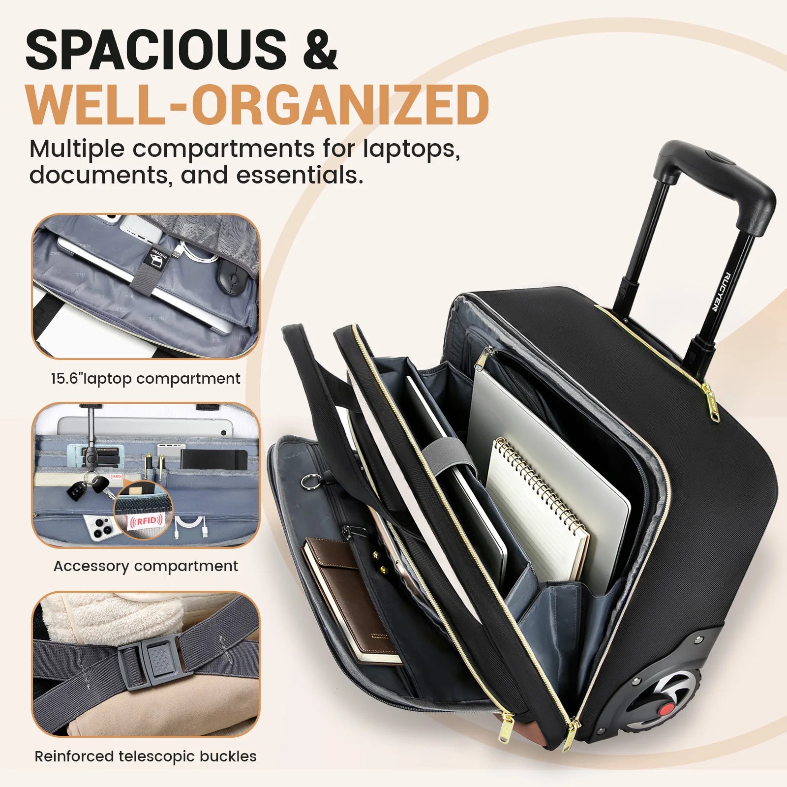 18 inch Travel Rolling Laptop Bag Wheeled Luggage Business Boarding Laptop Bag Rolling Briefcase for Men & Women Waterproof