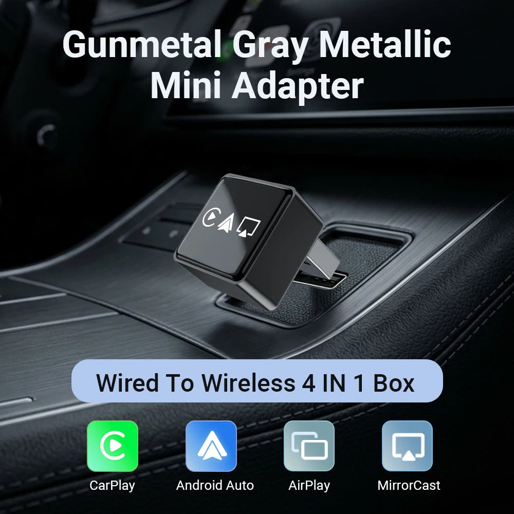 4in1 Wireless Adapter, Universal Mini CarPlay Android Auto Dongle with AirPlay MirrorCast Function for Car Entertainment