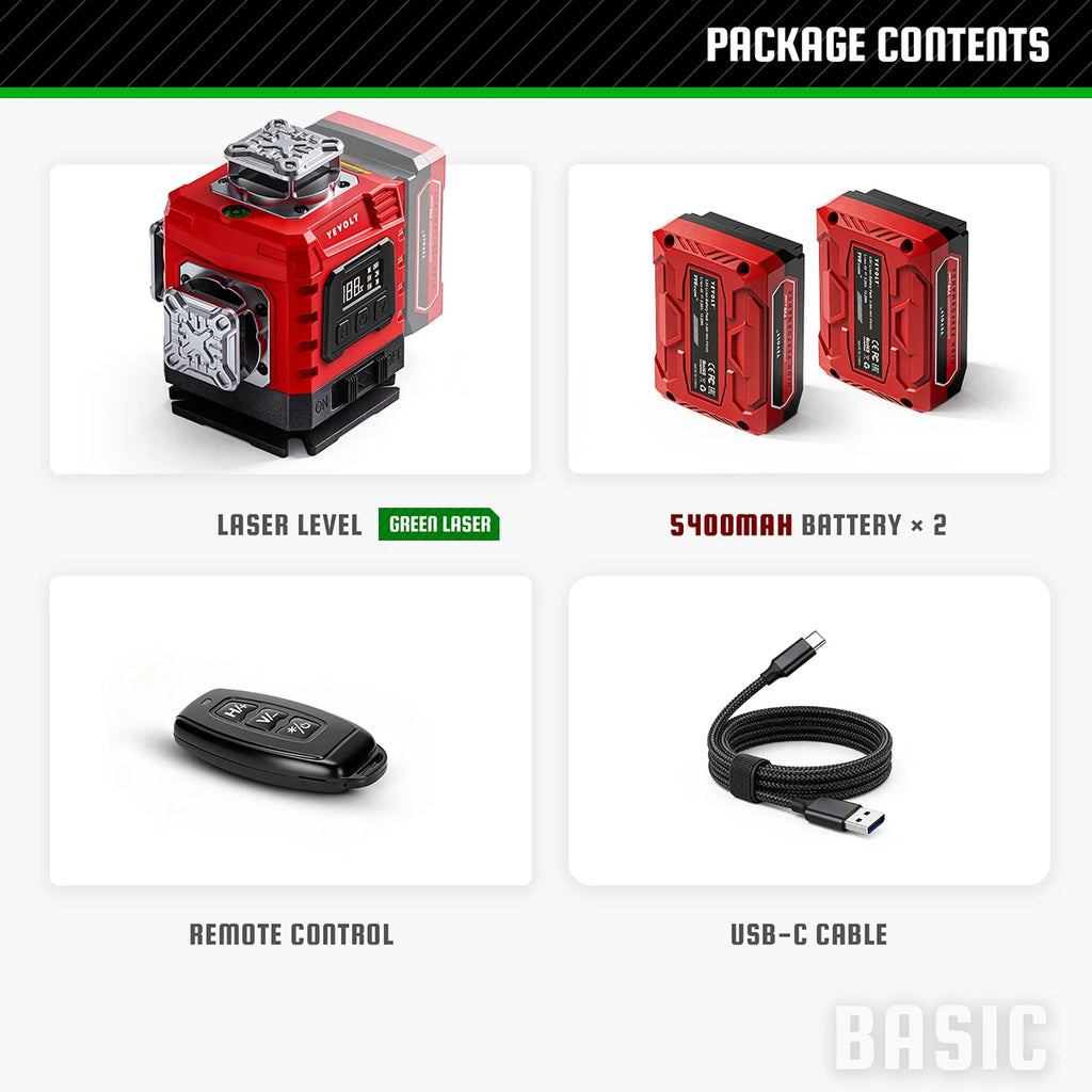 YEVOLT 16‑Line Green Laser Level 4×360° Planes Gravity Self‑Adjust Slope Function Type‑C Power Build & Tile