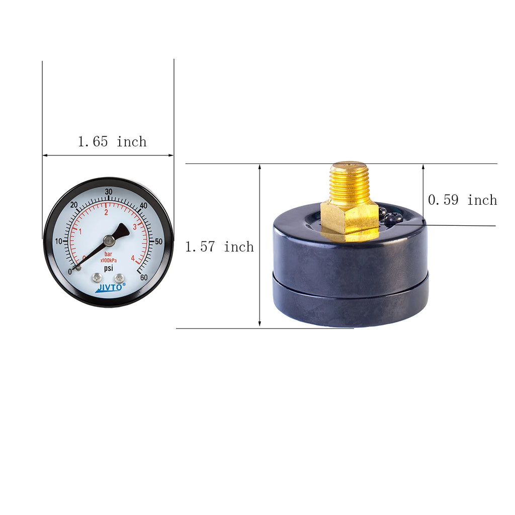 JIVTO Dry Pressure Gauge, Steel Case and Ring, 1-1/2" Dia,30, 60, 100 Psi & Bar, 1/8" NPT Back Mount, Glass Window