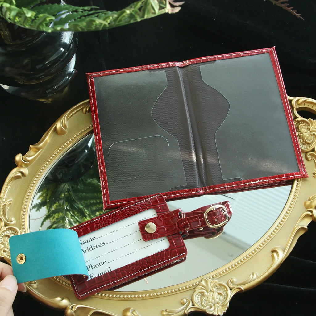 Customized Initial Passport Holder & Luggage Tag Set Personalized Gold Silver Monogram Embossed Crocodile Leather Travel Gift