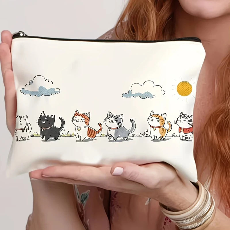 Multi Style Cat Printed Canvas Bag With Zipper Hand-Held Coin Purse Cosmetics Storage Fade-Resistant Cosmetic Bag Gift Friends