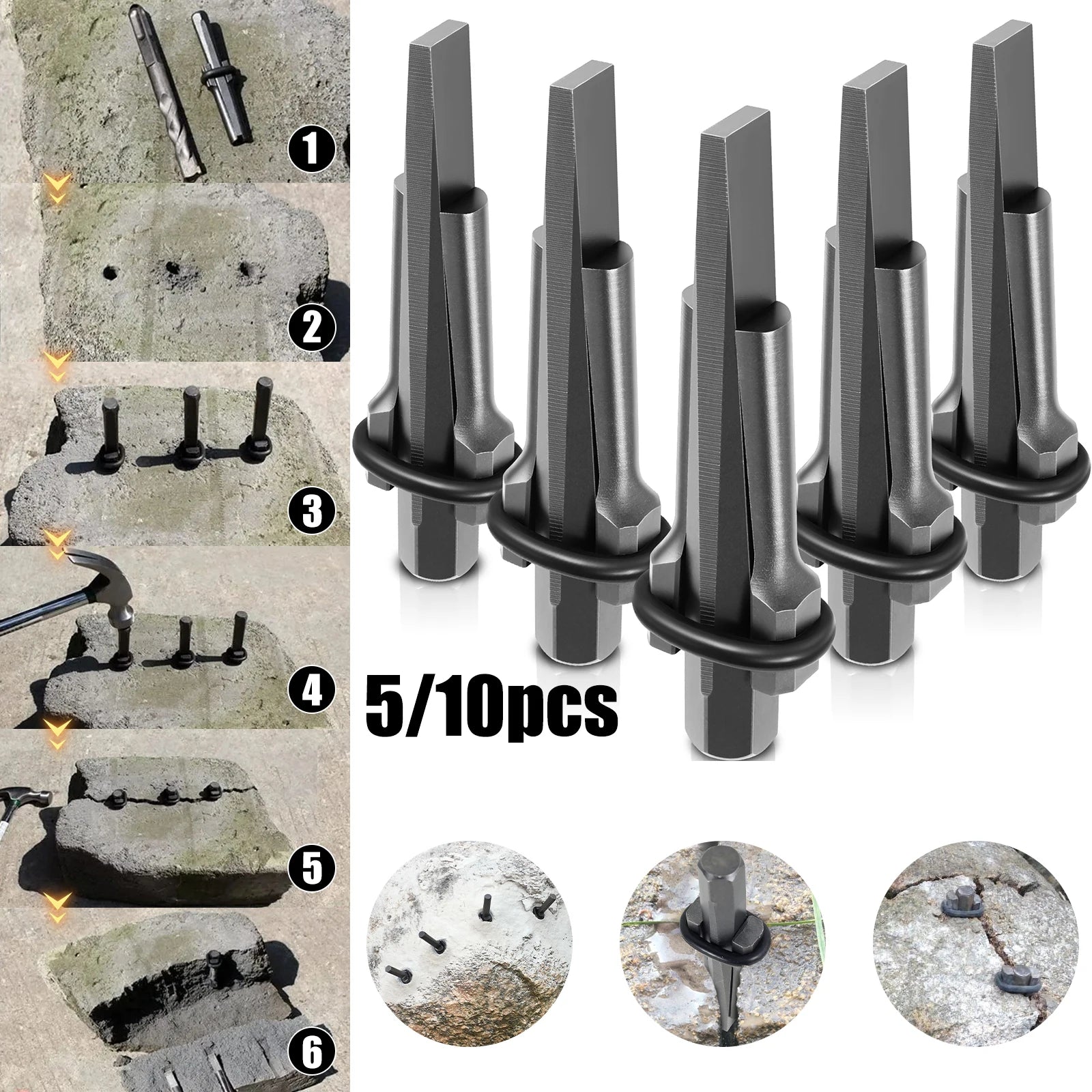 5/10Pcs Stone Splitting Tool Heavy Duty Steel Rock Splitters with Feathered Shims And Drill Guide for Granite Marble Demolition