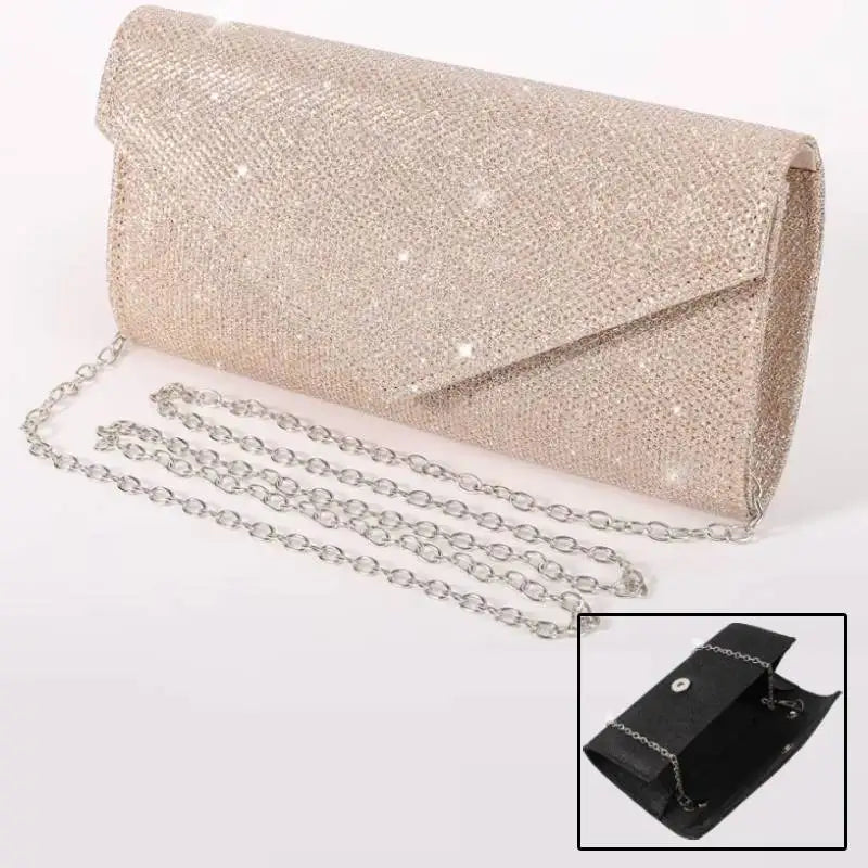 Women Envelope Evening Bag Glitter Ladies Chain Shoulder Bags Shiny Silver Long Purse Female Wedding Party Clutches Mini Handbag