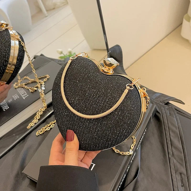 Evening Clutch Bag Women Shiny Handbag Heart Shape Metal Clutches Bag Fashion Chain Shoulder Crossbody Bags Luxury Lady Purse