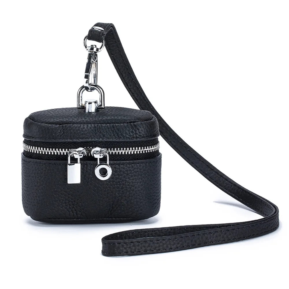 Top-Grain Leather Mini Coin Purse Ins Style - Portable Neck-Hanging Lipstick Makeup Bag & Real Leather Earphone Pouch for Wome
