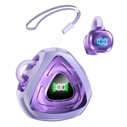 Trendy open-style ear clip earphones with Bluetooth 5.4 and charging case featuring high-definition digital display, small sound