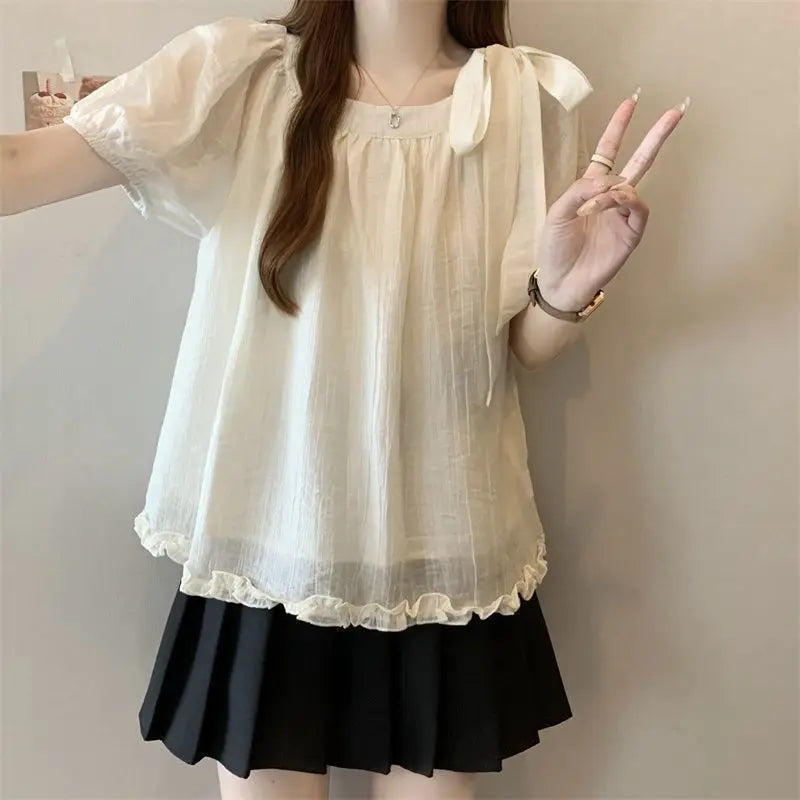 Large size women's clothing summer new solid color loose and cute style bow fungus edge round neck short-sleeved top