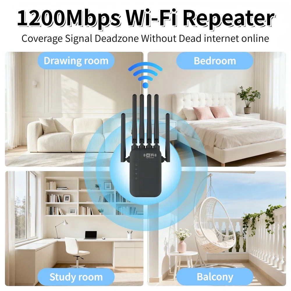 Dual Band WiFi Signal Repeater 2.4G/5G 1200Mbps Extender Wall Penetrating 10000 Square Feet Coverage for Multiple Devices
