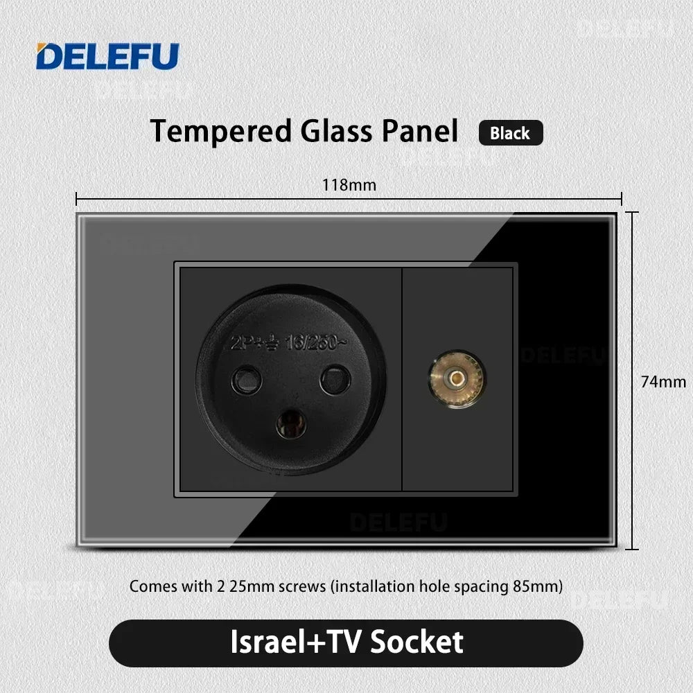 DELEFU Black Tempered Glass Israel USB Type C Fast Charging Wall Socket Light Tuya Wifi Smart Switch Sat TV Tel Doorbell Curtain