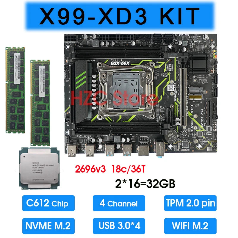 X99 DDR3 Motherboard Combo Set Kit with Xeon E5 2696 V3 CPU and 32GB DDR3 1600MHz Memory Complete Set TPM 2.0 PIN C612 X99 Kit
