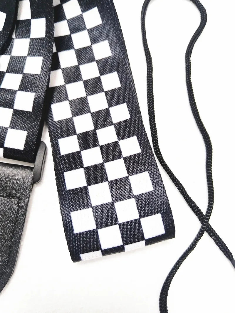 Black White Checkered Polyester Cotton PU Leather Head Ends Bass Ukulele Acoustic Electric Guitar Strap Accessories Parts