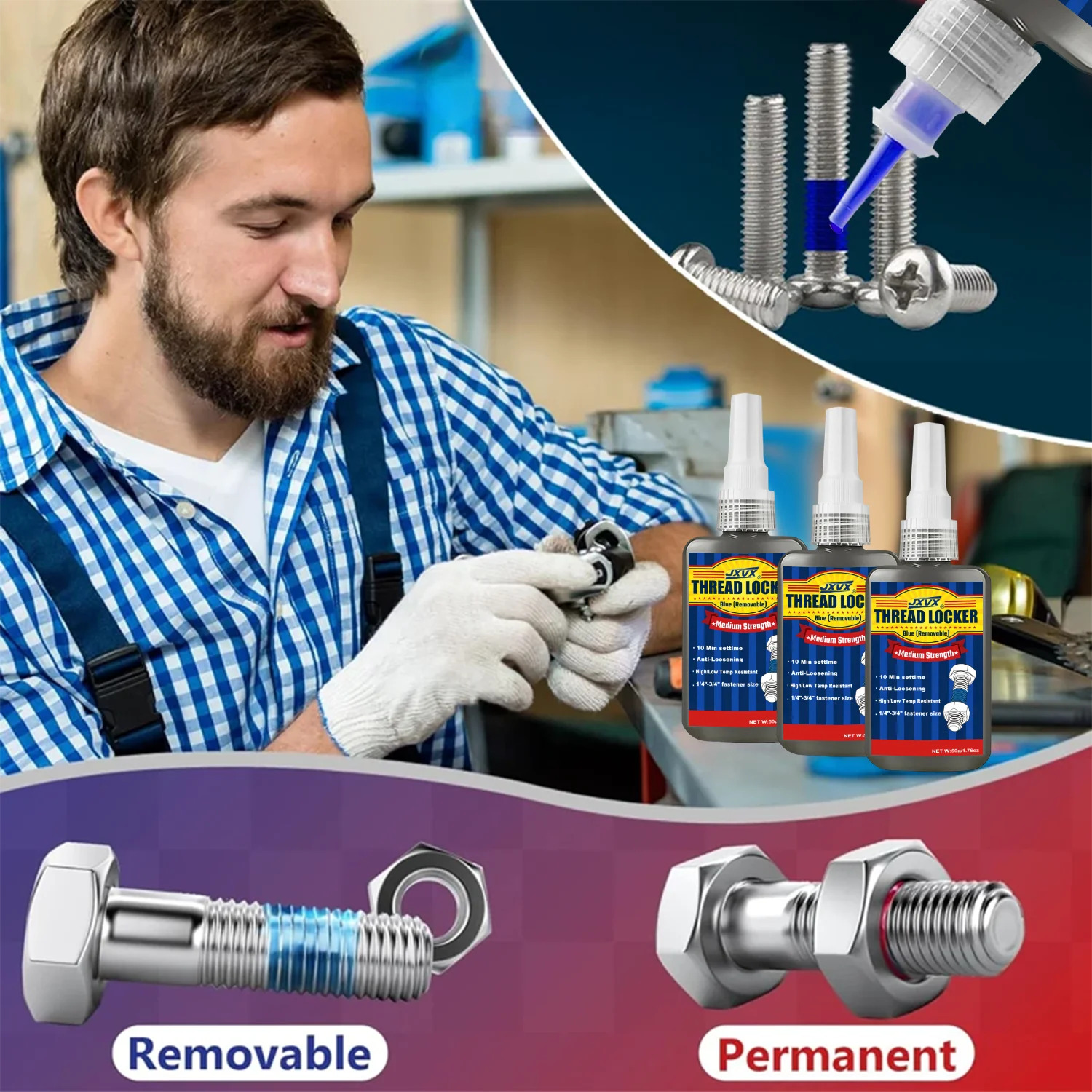 50ML 243 Blue Medium Strength Threadlockers,Universal Thread Adhesives,For All Metal Threaded Components,Removable Waterproof
