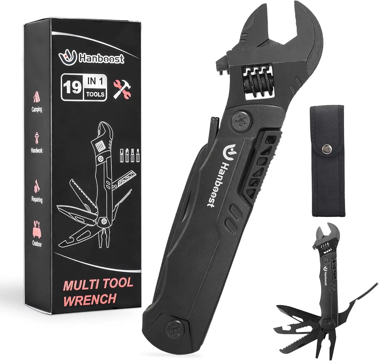 Hanboost Multitool Wrench 19 In 1 Multipurpose Camping Gear Pocket Size Adjustable Wrench with Pliers, Wire Cutter, Cutting Saw,
