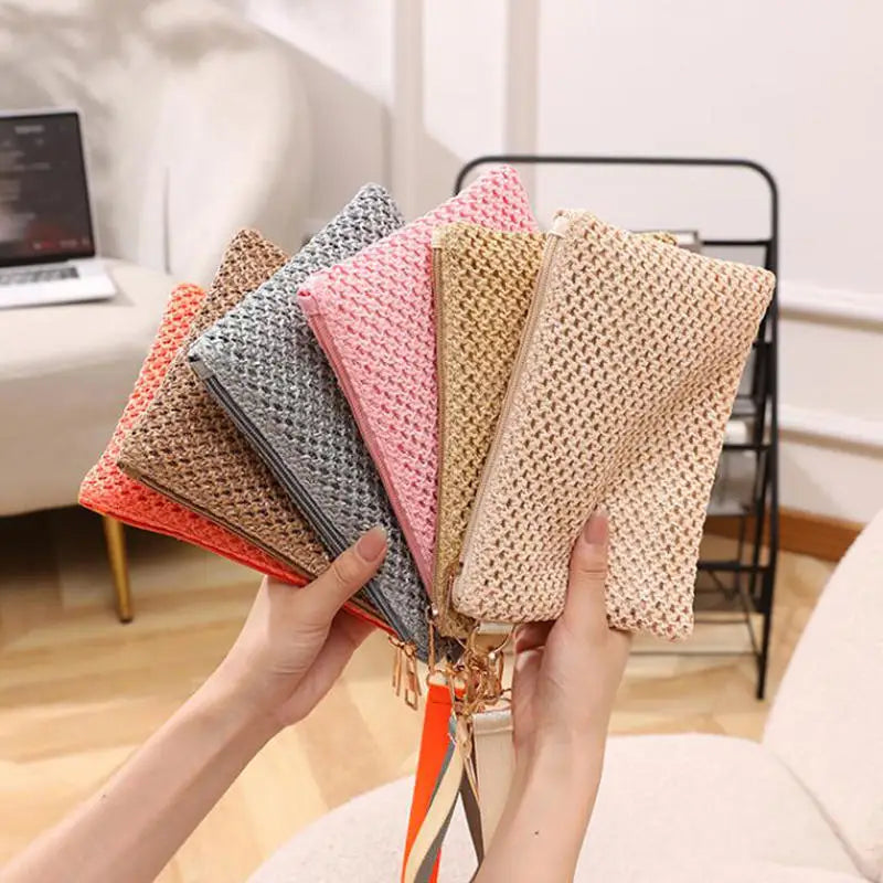 Women Clutch Bag Handmade Backpack Fashion Ladies Wristlet Girl Phone Colorful Straw Woven Coin Purse Beach Wallet Fresh Sweet