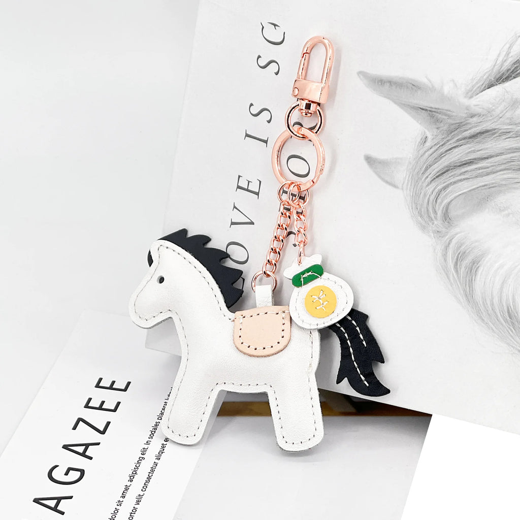 New Trendy Cow Leather Pony  Key Ring Handbag Pendant Cute Horse Keychain Luggage Bag Parts Accessories