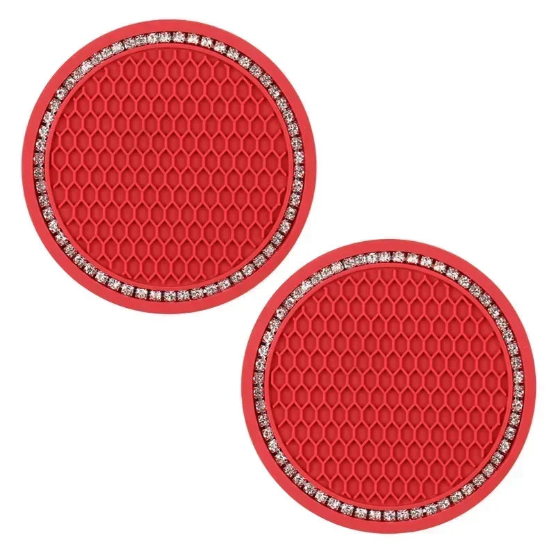 Car Coasters, Universal 2 Pcs Car Coasters for Women Bling Car Accessories, Silicone Anti Slip Crystal Car Cup Holde