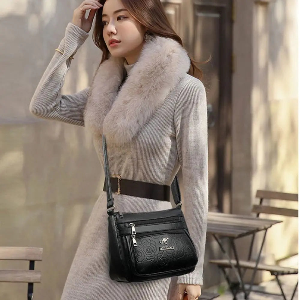 Fashion PU Leather Buying Vegetable Bag Black Large Capacity Middle-aged Mother's Bag Multi-layer Shoulder Messenger Bag Woman