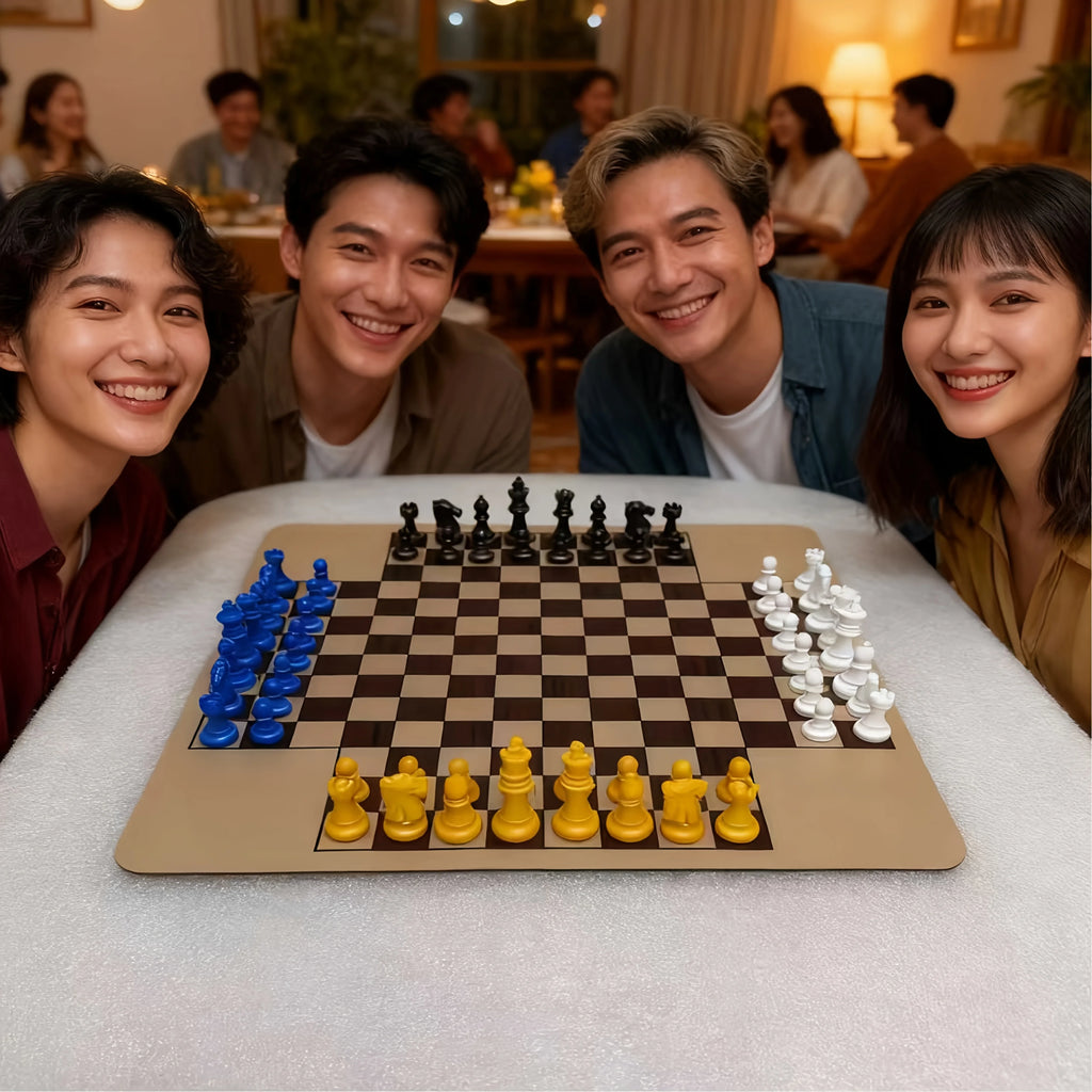 4 Players Chess Classic Board Game Chess Game with 4 Color (16 Pieces per Color ) 64 Pieces Total Paired with a Game Mat