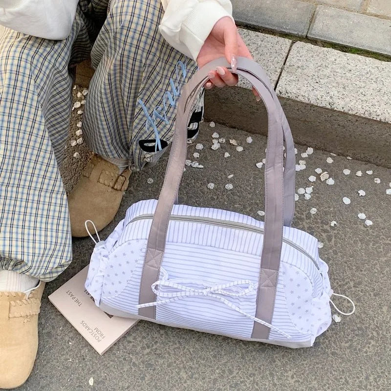 Women's Striped Star Print Shoulder Duffle Bag, Casual Handbag for Daily Outing Short Trip Gym