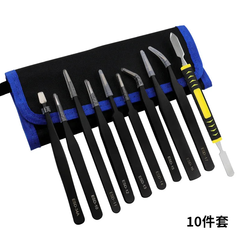 Industrial Grade ESD Anti-static Tweezers Set 1.5MM Precision Tip High Hardness Stainless Steel Tweezers Corrosion-Resistant