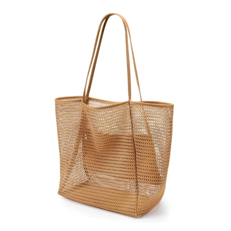 Women Mesh Net Beach Tote Bag, Foldable Single Shoulder Handbag Portable Outdoor Travel Casual Storage Bag for Seaside Holiday