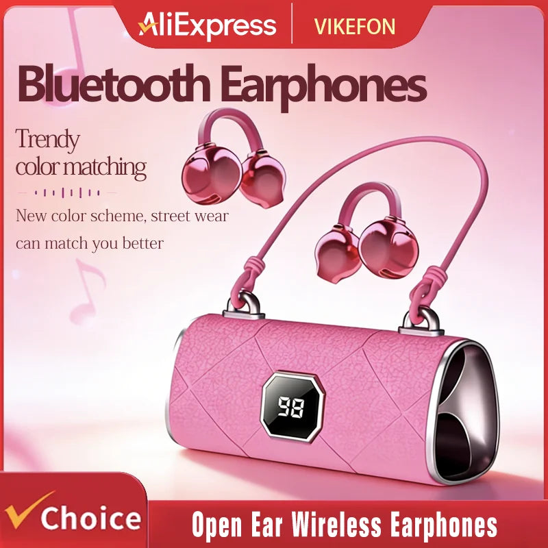 Open Ear Wireless Earphones With Mics Sports Ear Clip on Earbuds Touch Control LED Power Display Bluetooth 5.4 OWS Headphones