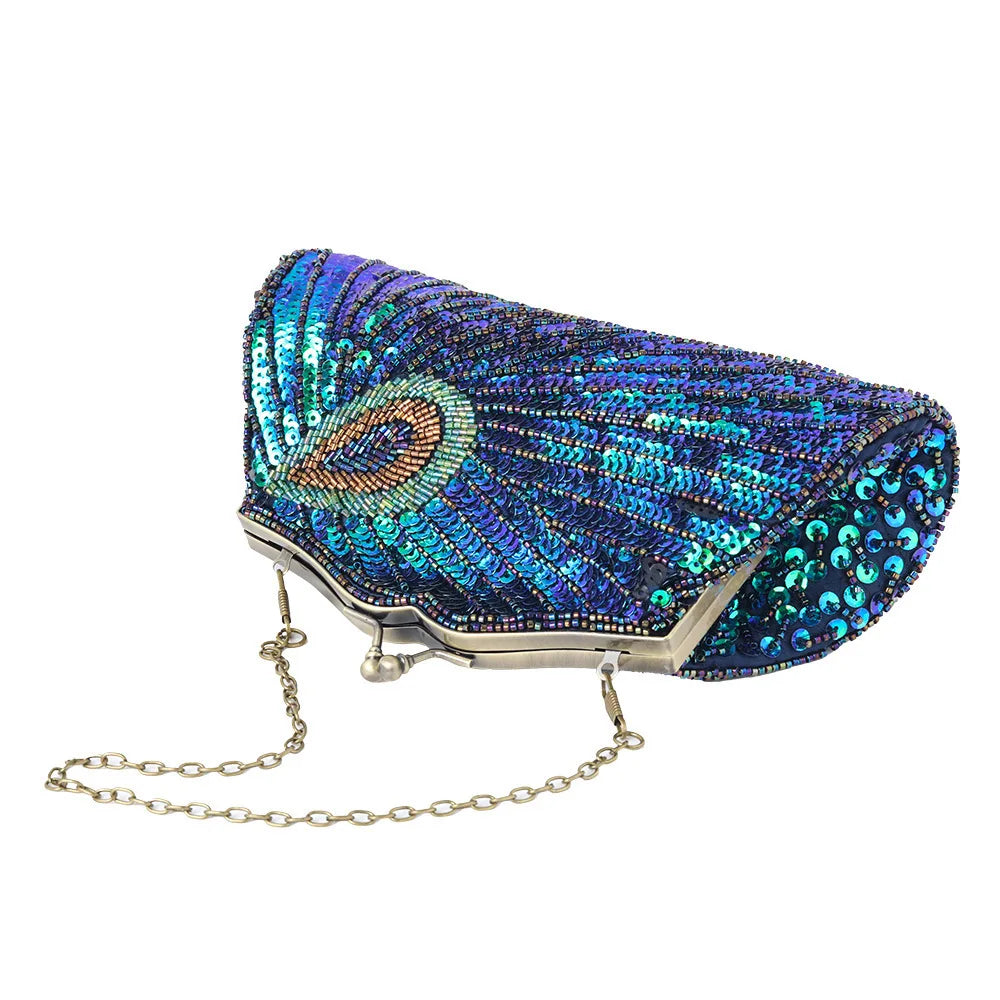 Lost in Vinatge Evening Bag with Sparkly Glitzy Turquoise Peacocks Beading Clutch with Antique Gold Hardware and Black Silky Bag