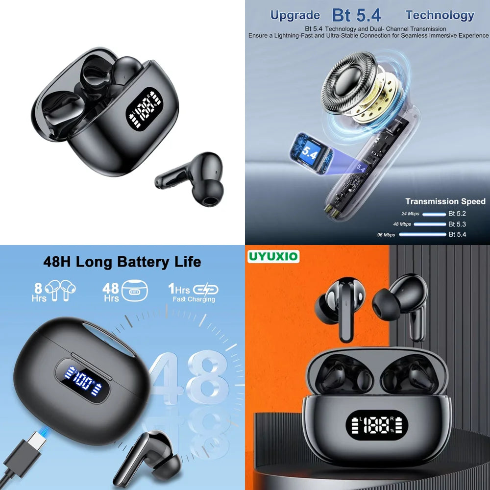 UYUXIO BT 5.4 Headphones Clear Calls Wireless Earbuds Long Battery Life HiFi Stereo TWS Ear Buds with LED Display for Travel