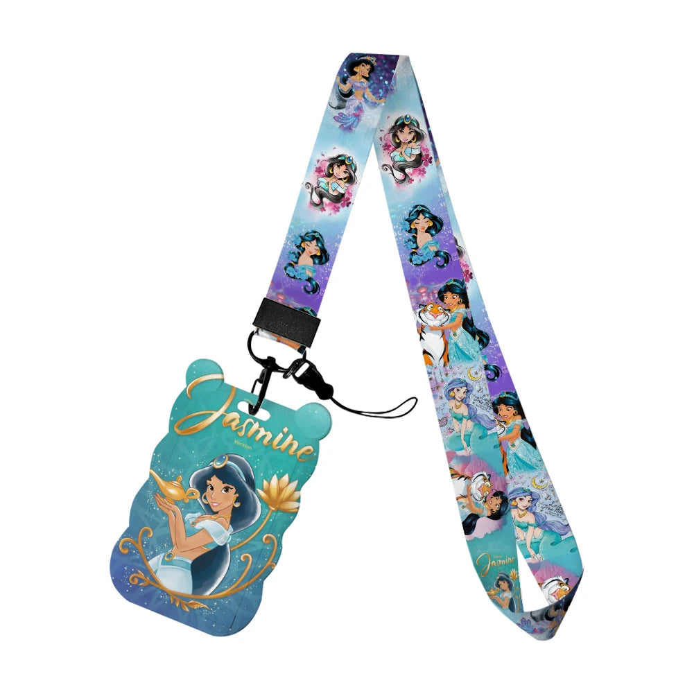 Disney Jasmine Princess Irregular Head Shape Badge Holder Lanyard Keys Chain ID Credit Card Cover Bus Card Holder Glitter Charms