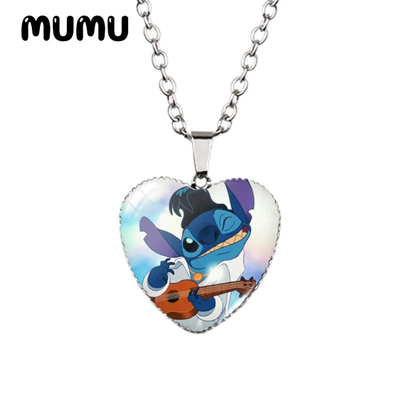 2024 New Lilo Stitch Angle Heart Necklace Glass Printed Photo Pendant Handmade Jewelry Gifts Children