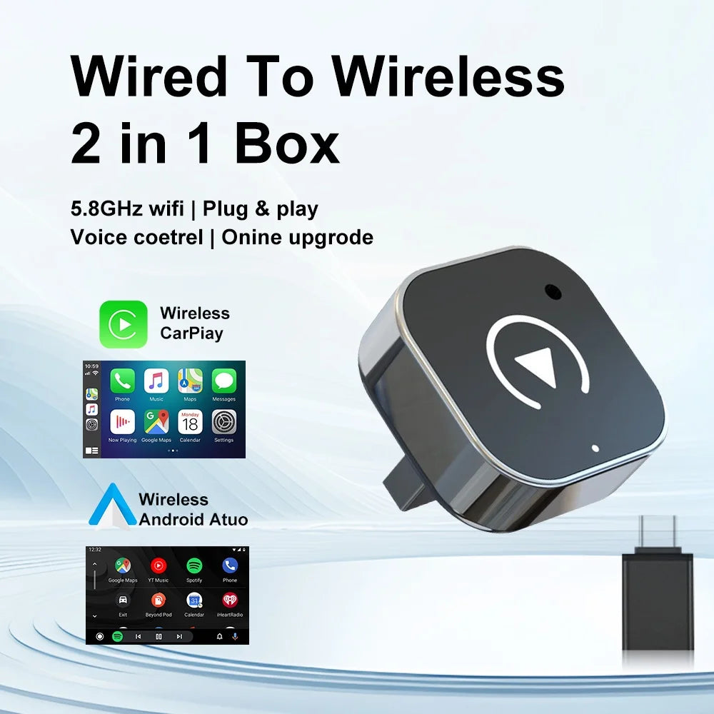 2-in-1 Wireless CarPlay&Android Auto Adapter - Plug and Play CarPlay Converter, fast automatic connection, zero latency, support