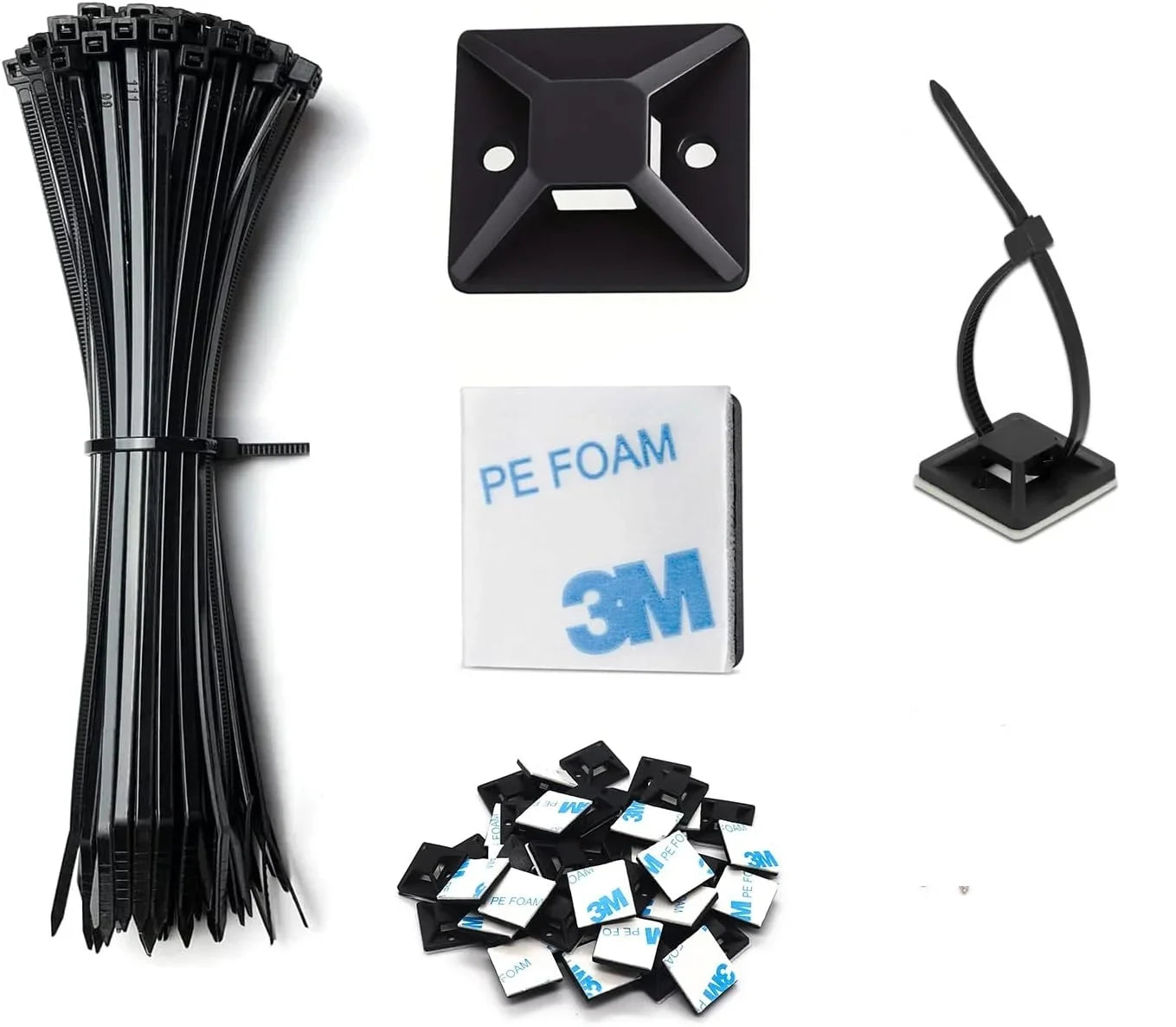 Self-locking Plastic Nylon Tie + Nylon Square Plastic 3M Self Adhesive Wire Zip Fixed Seat Holder Cable Tie Mount Base